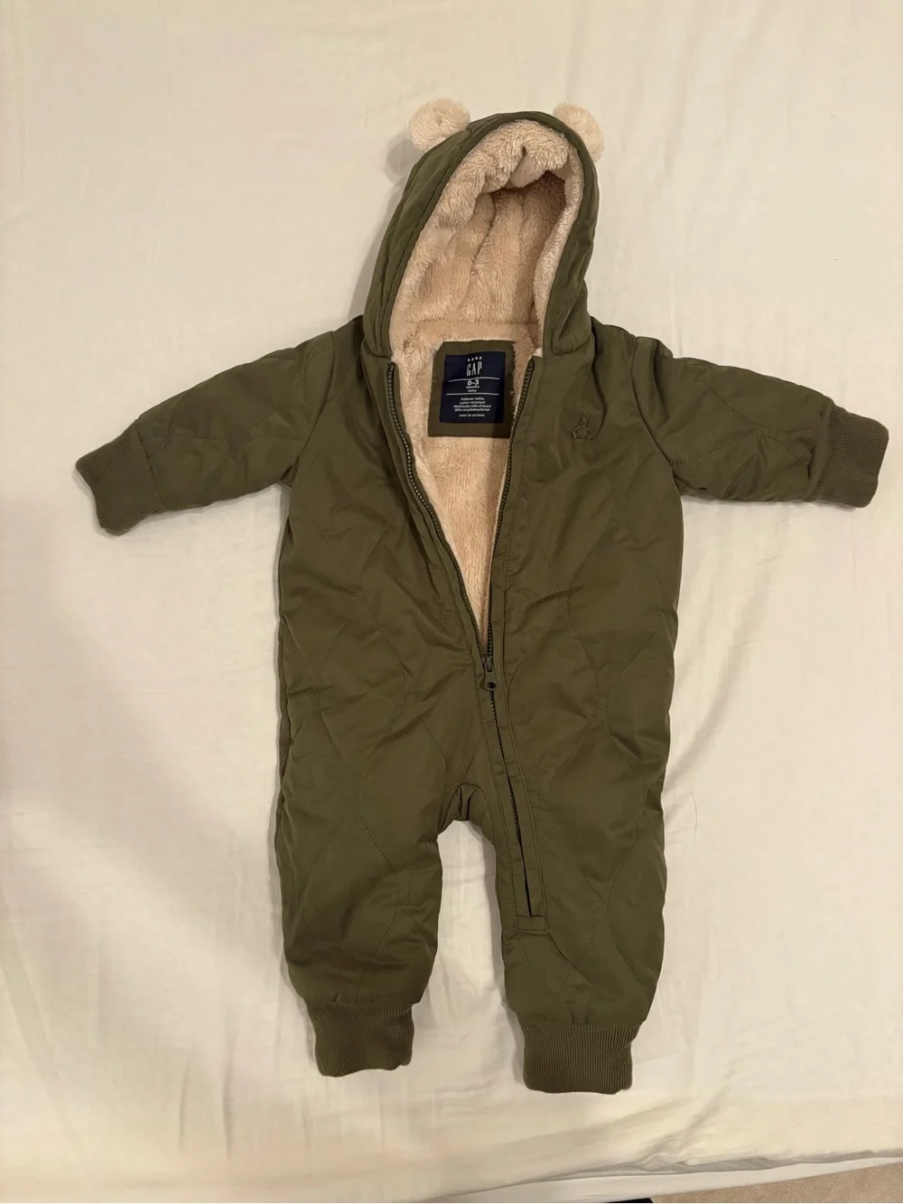 GAP Olive Quilted Hooded Footie with Sherpa Ears